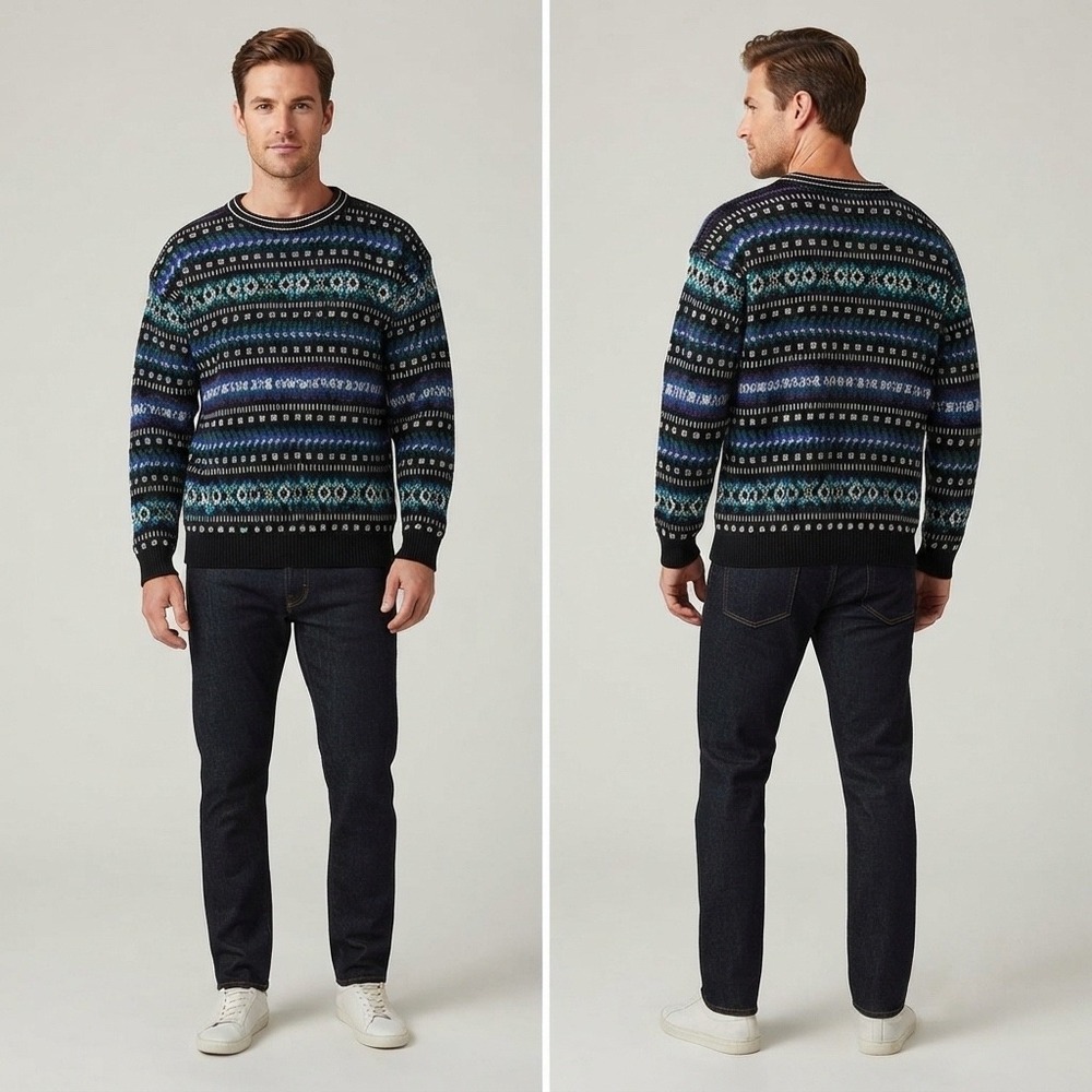 Trend Basics Mens Vintage Fair Isle Geometric Knit Crewneck Sweater Blue Size LT